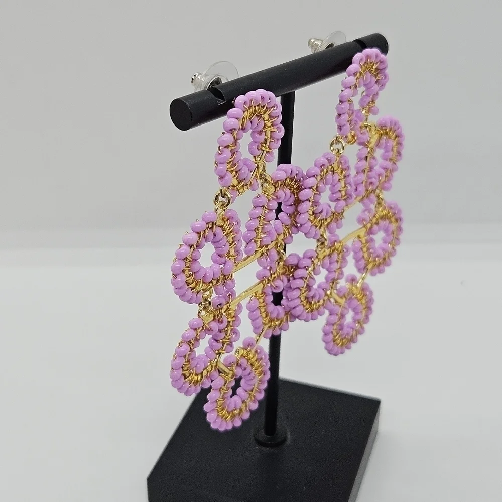 gold tone and lavender seed bead chandelier statement earrings